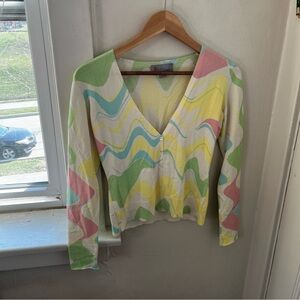 Missoni Pastel Wave Print V-Neck Cardigan in White, Yellow, Green, Pink, Blue